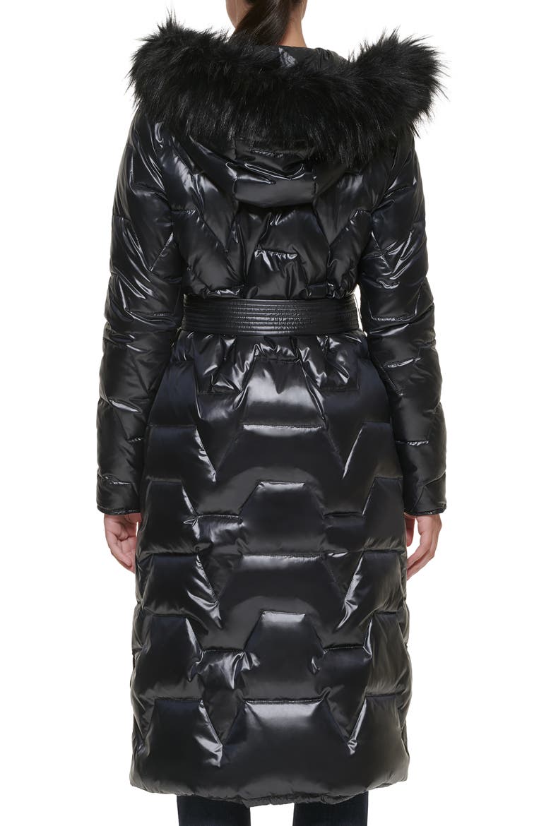 Zigzag Faux Fur Trim Water Resistant Coat, Alternate, color, BLACK