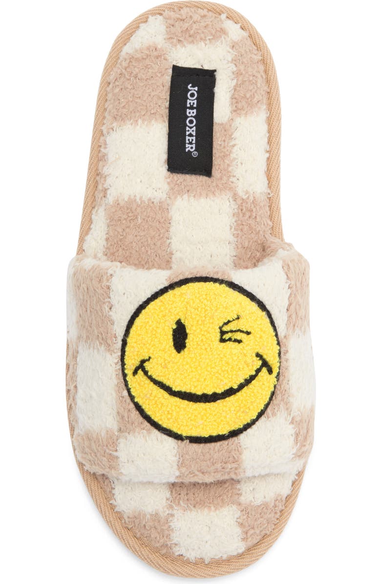 JOE BOXER Faux Fur Happy Face Slide Slipper, Alternate, color, Tan-Beige