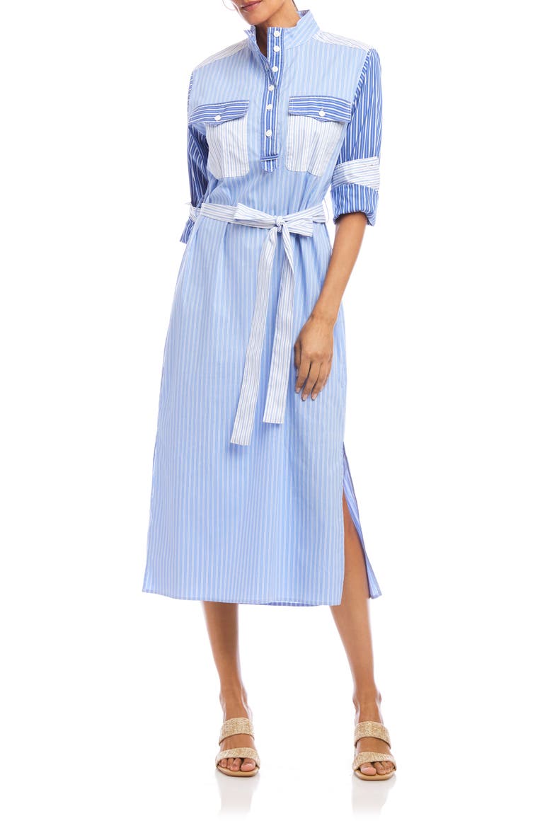 Mixed Stripe Belted Long Sleeve Shirtdress, Main, color, BLUE STRIPE