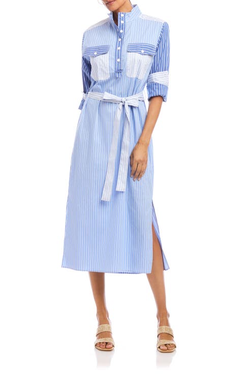 Mixed Stripe Belted Long Sleeve Shirtdress