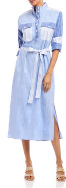 Karen Kane Mixed Stripe Belted Long Sleeve Shirtdress