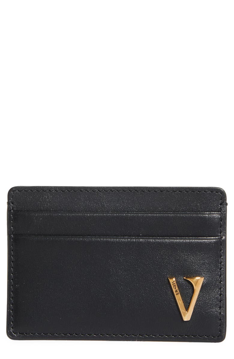 Versace V-Emblem Leather Card Case, Main, color, Black-Versace Gold