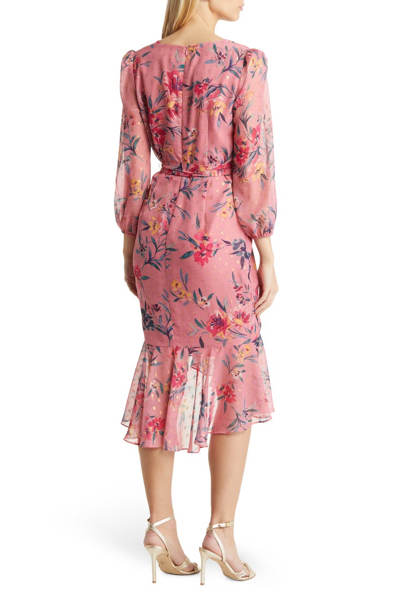 Eliza J Metallic Fleck Floral Long Sleeve Body-Con Dress, Alternate, color, Blush
