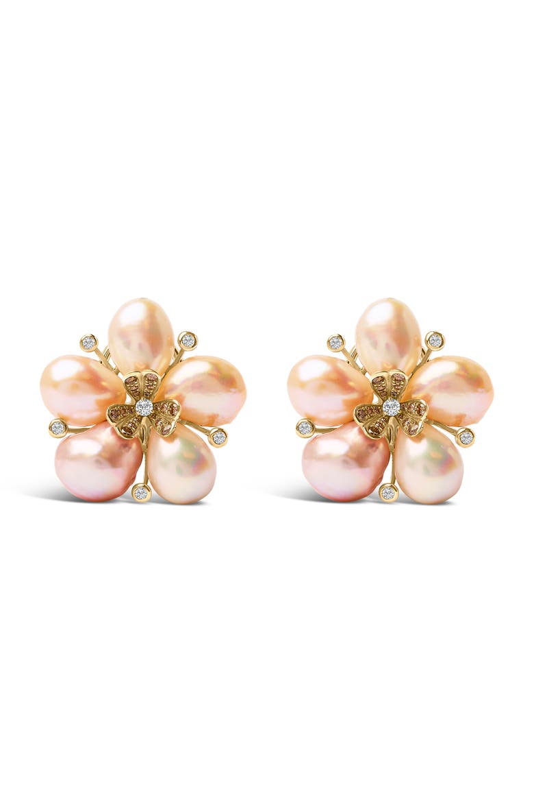 18K Rose Gold 3/8 Cttw Diamond and Freshwater Pearl Blossom Stud Earrings, Main, color, Pink