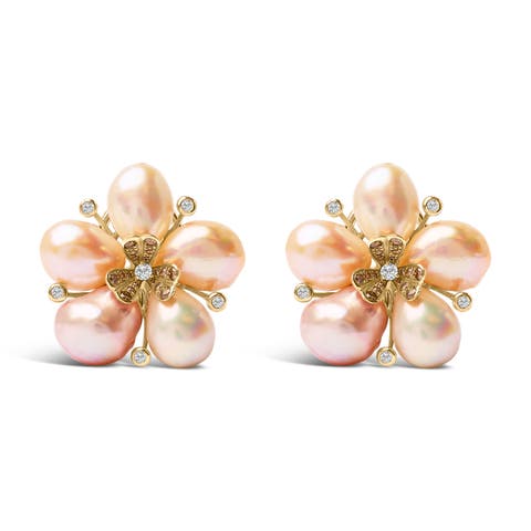 18K Rose Gold 3/8 Cttw Diamond and Freshwater Pearl Blossom Stud Earrings