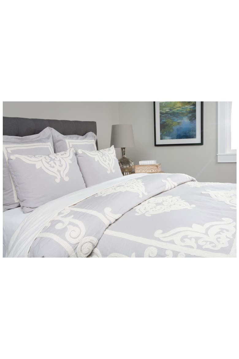 Patrina Embroidered Duvet Cover, Main, color, SOFT GREY/ IVORY