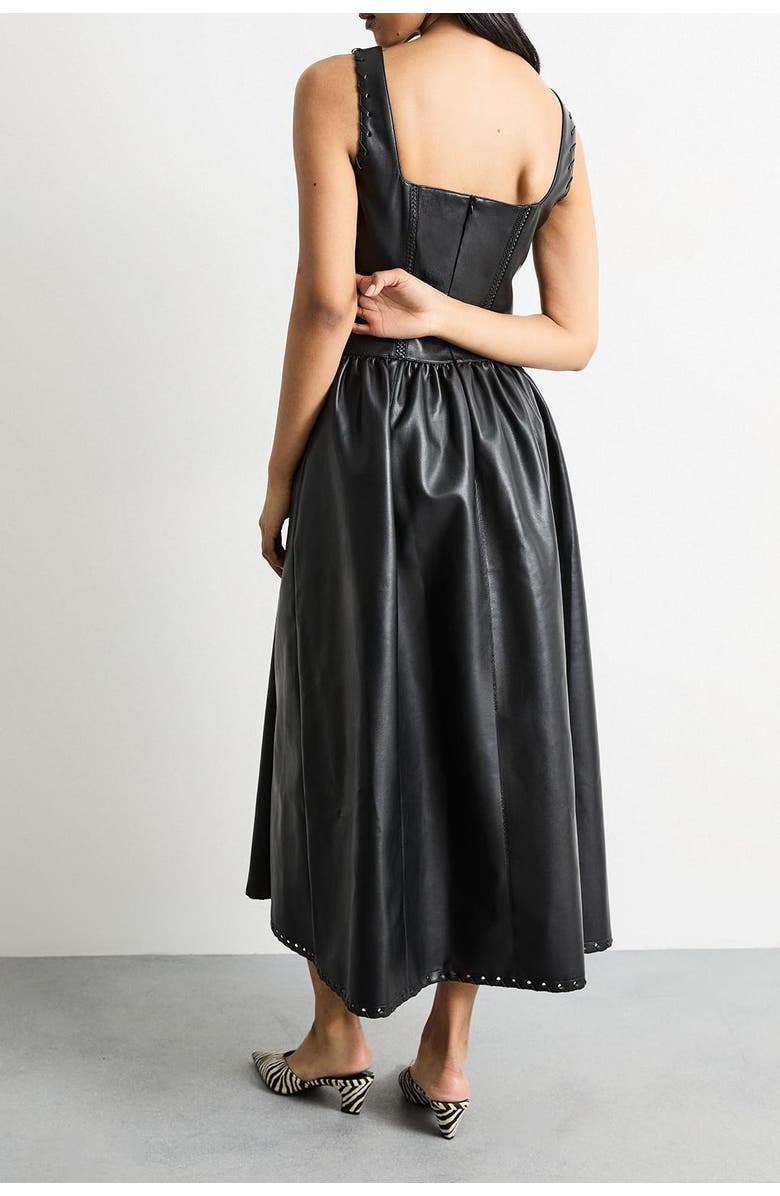 Warehouse Faux Leather Whipstitch Trim Midi Dress, Alternate, color, Black