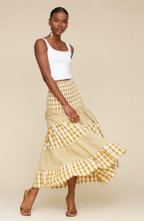 Avec Les Filles Mixed Print Tiered Cotton Gingham Maxi Skirt In Olio Gingham