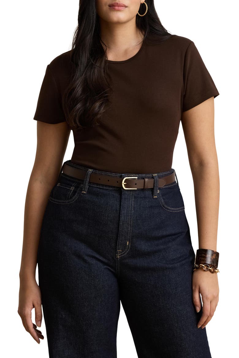 Ribbed Short Sleeve Top, Alternate, color, BROWN