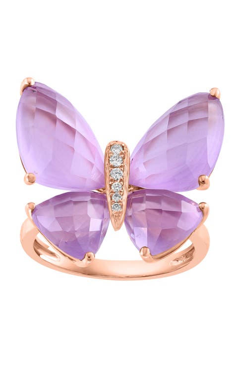 14K Rose Gold Diamond & Pink Amethyst Butterfly Ring