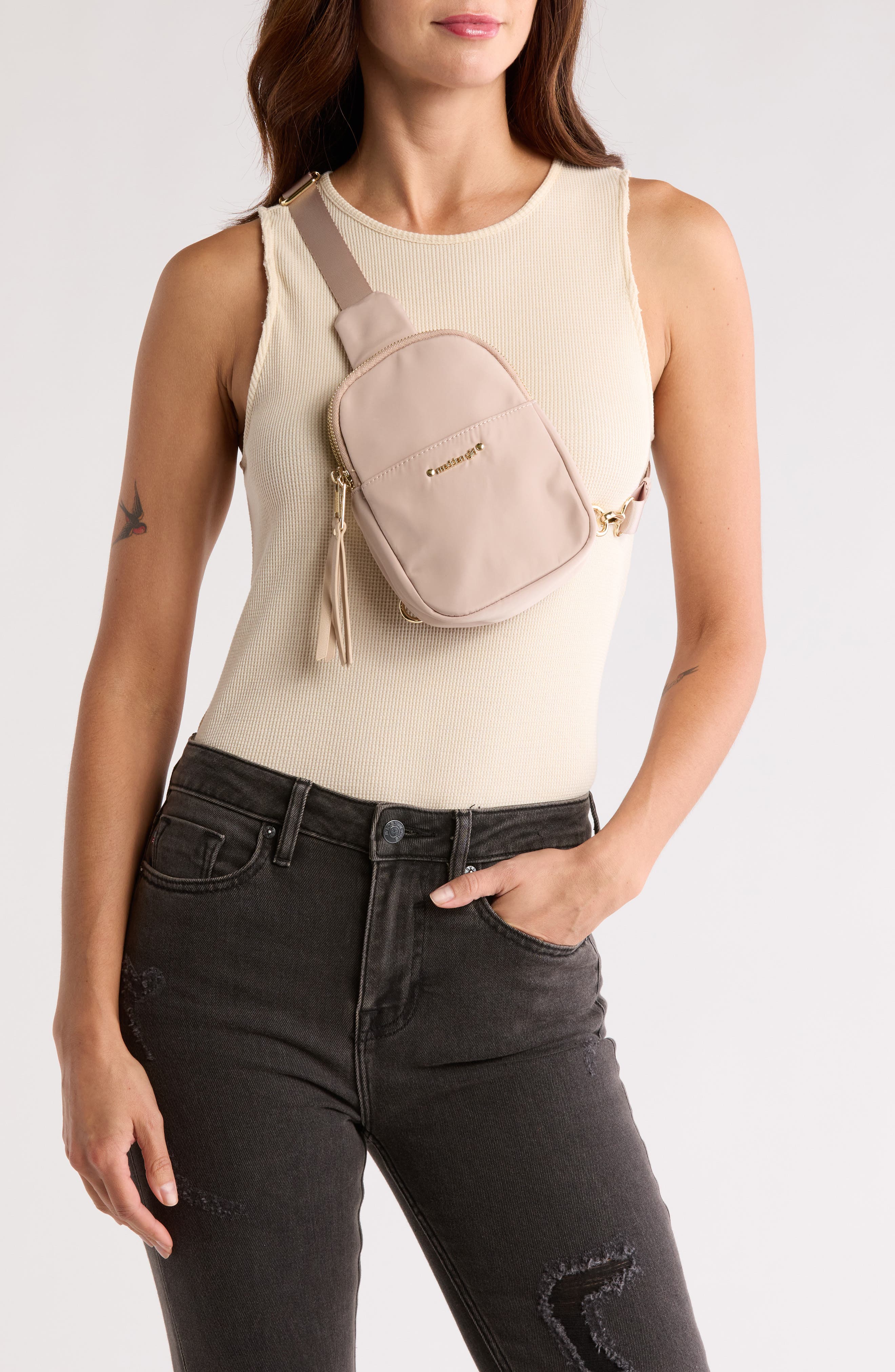 Madden Girl Adjustable Sling Bag, Alternate, color, Taupe