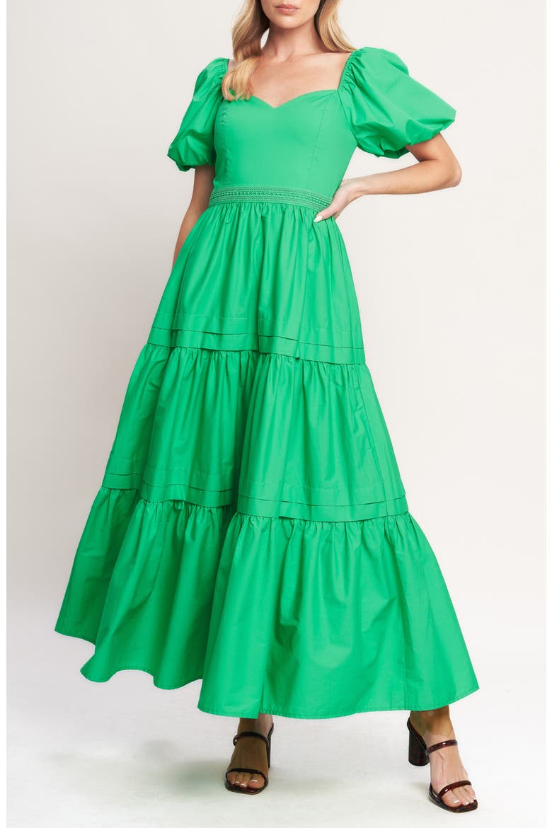 Puff Sleeve Tiered Maxi Dress, Main, color, GREEN