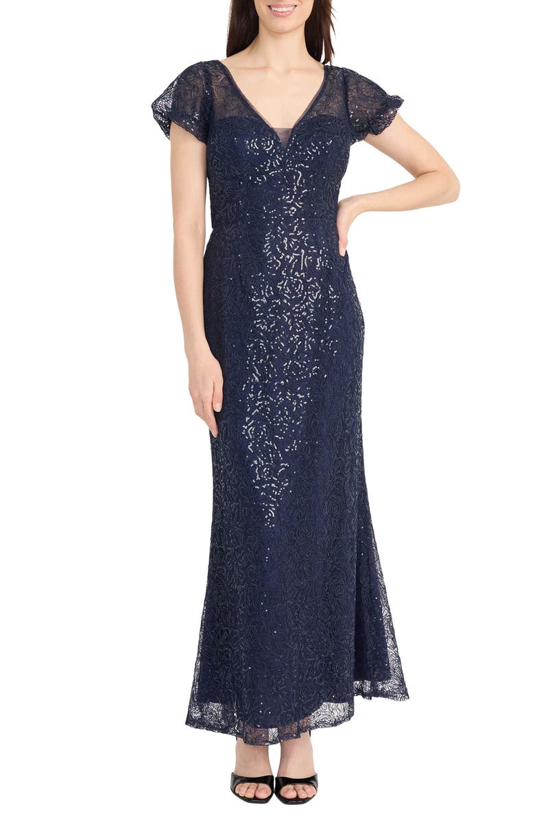 Maggy London Sequin Mermaid Gown, Main, color, Navy Blazer/ Eclipse