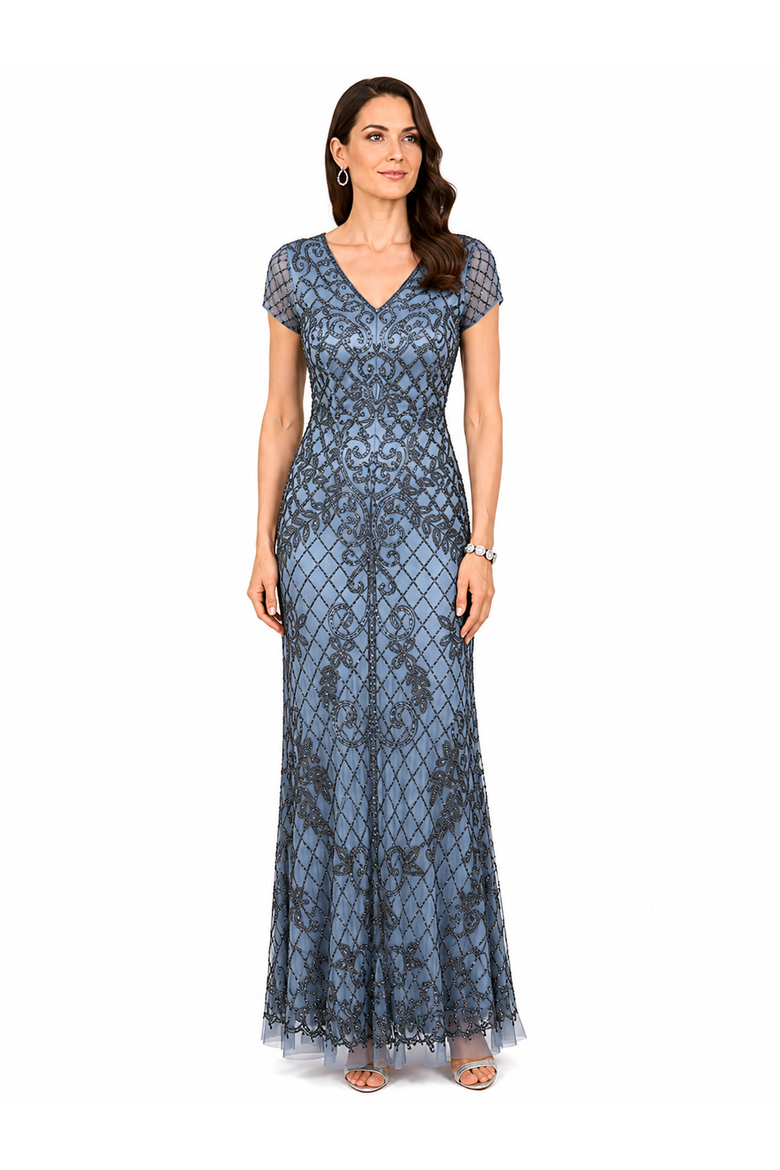 Cap Sleeve Mermaid Beaded Gown, Alternate, color, Ink Blue