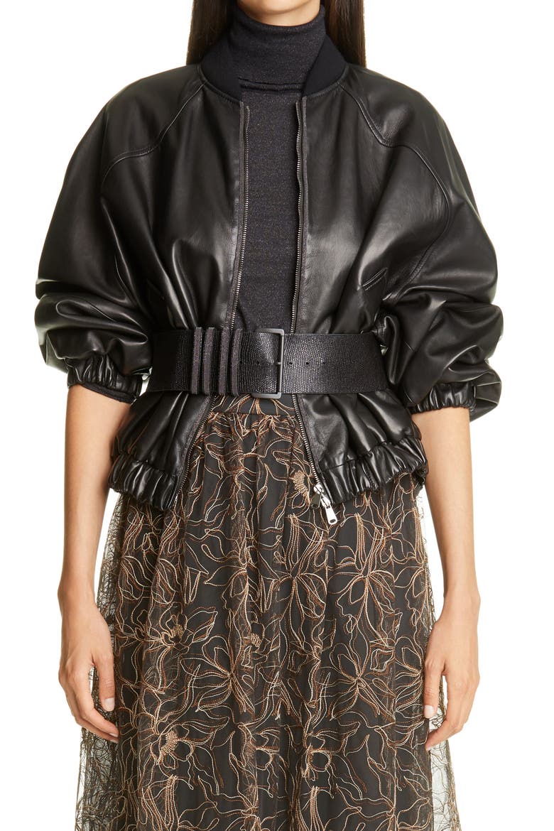 Monili Trim Nappa Leather Bomber Jacket, Main, color, C101 BLACK