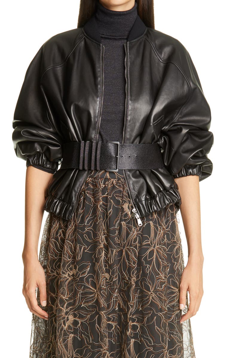 Brunello Cucinelli Monili Trim Nappa Leather Bomber Jacket, Main, color, 