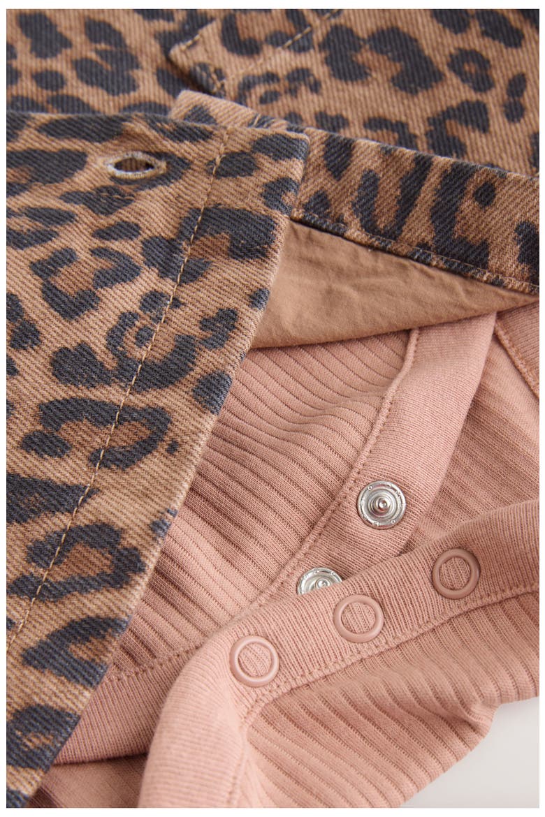 Leopard Denim Pinafore Dress, Ribbed Bodysuit & Tights Set, Alternate, color, PINK MULTI