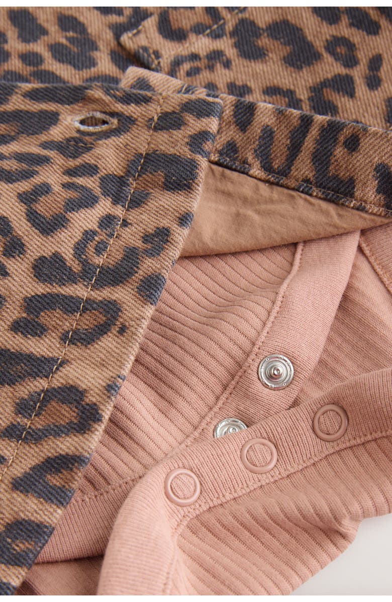 NEXT Leopard Denim Pinafore Dress, Ribbed Bodysuit & Tights Set, Alternate, color, Pink Multi