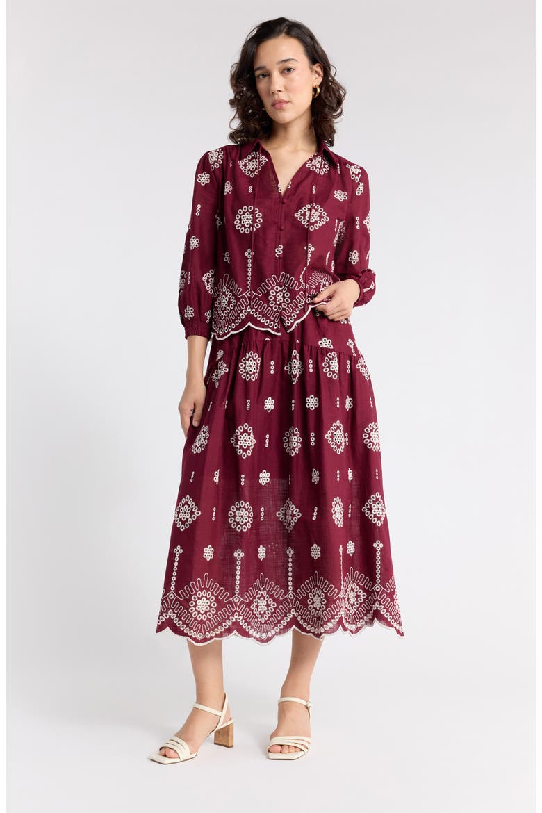 Cotton Eyelet Midi Skirt, Alternate, color, BURGUNDY IVORY FLORAL EYELET