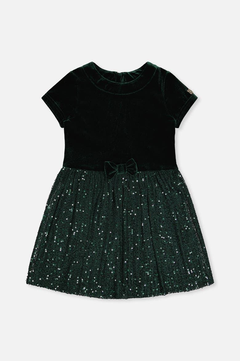 Bi-Material Bow Belt Glitter Mesh Short Sleeve Dress, Main, color, Green Forest