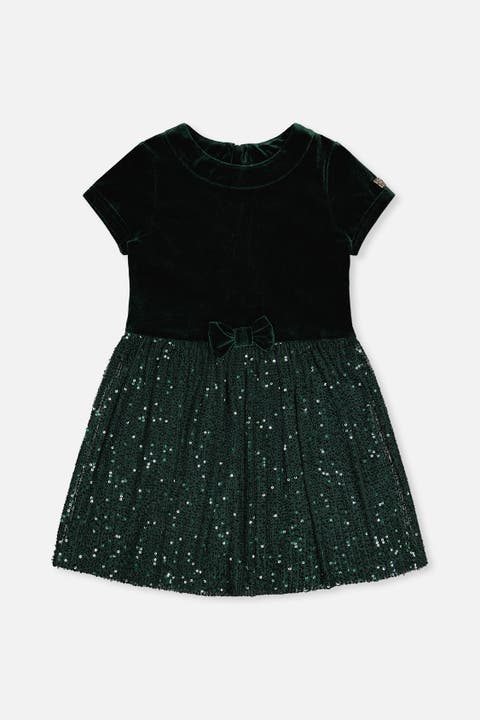 Bi-Material Bow Belt Glitter Mesh Short Sleeve Dress