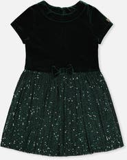 Deux par Deux Bi-Material Bow Belt Glitter Mesh Short Sleeve Dress