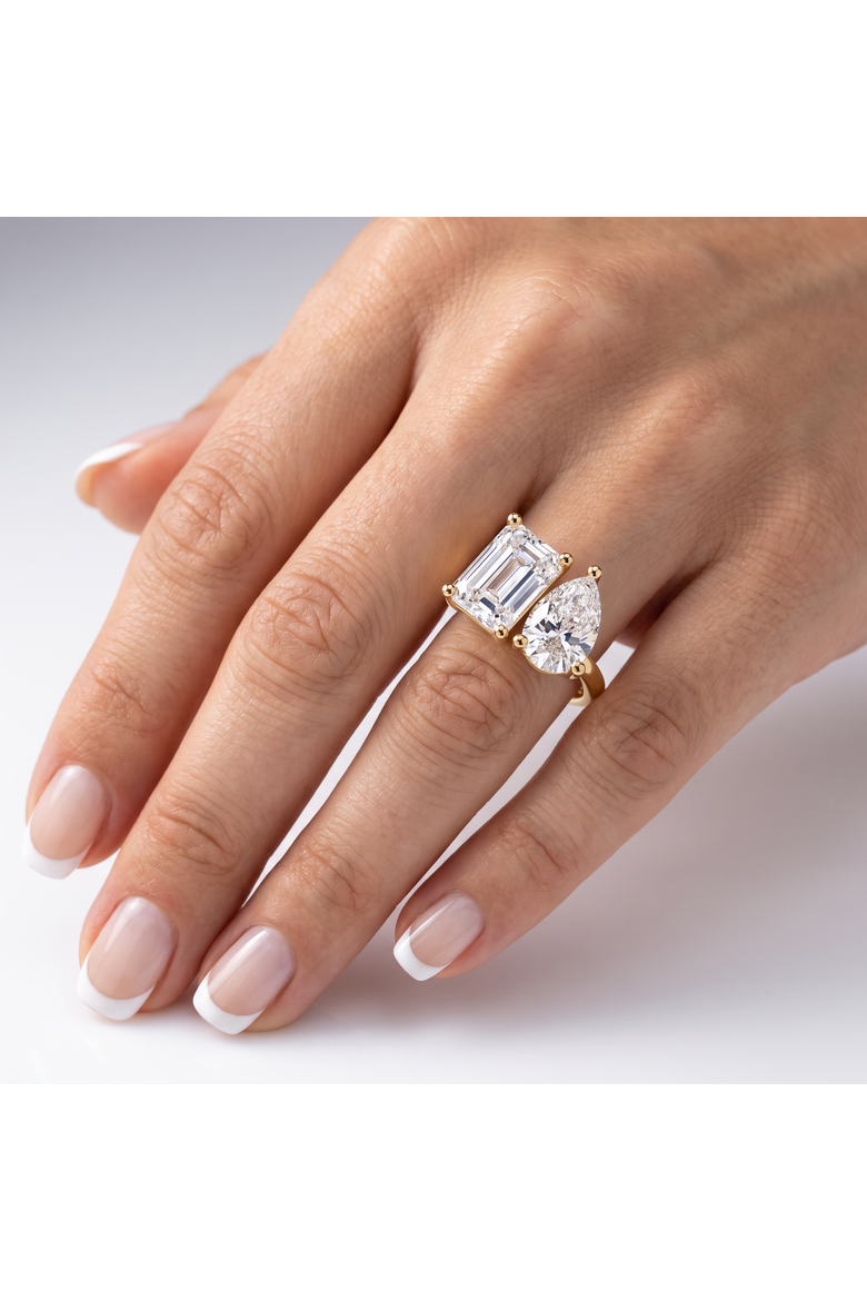 4.60Ct Pear & Emerald Toi et Moi Diamond Ring 14k Gold Lab Grown, Alternate, color, 14k Yellow Gold