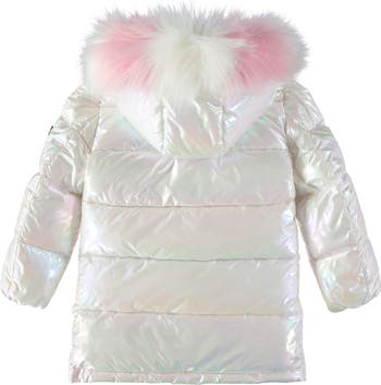 Kids' Iridescent Faux Fur Trim Long Puffer Jacket