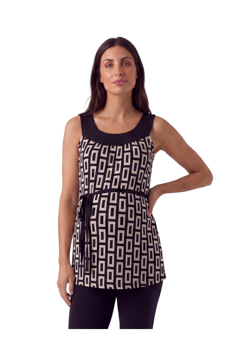 24seven Comfort Apparel Maternity Essential Geometric Print Scoop Neck Sleeveless Waist Tie Top, Main, color, Black Multi