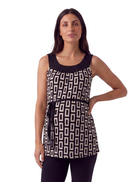Maternity Essential Geometric Print Scoop Neck Sleeveless Waist Tie Top