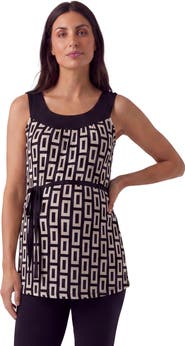 24seven Comfort Apparel Maternity Essential Geometric Print Scoop Neck Sleeveless Waist Tie Top