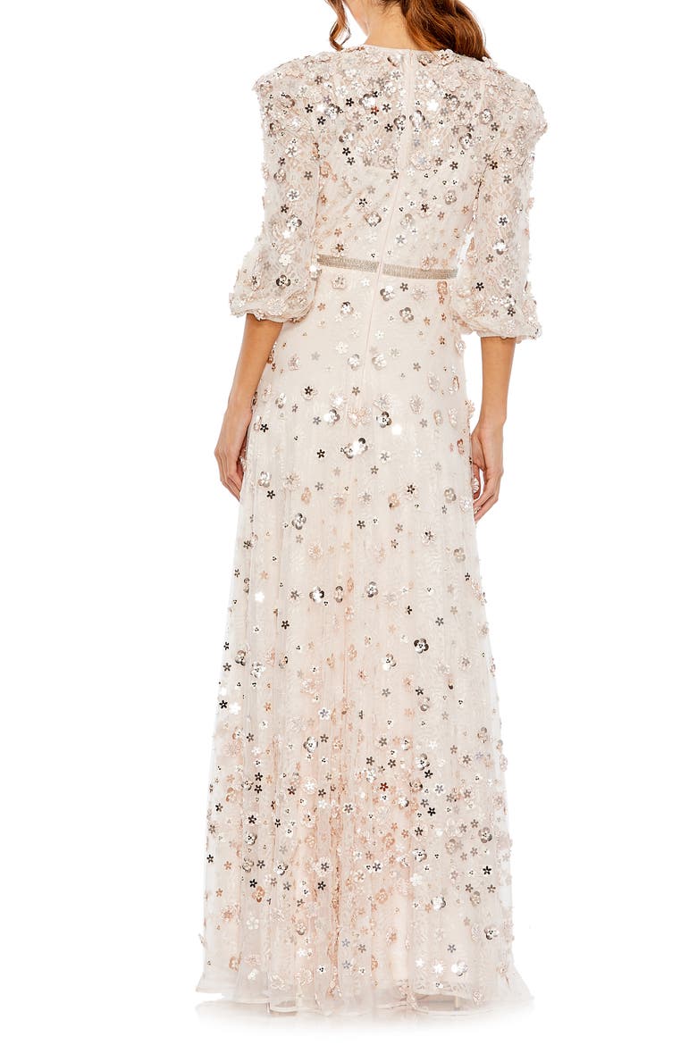 Women's Floral Applique Puff Sleeve High Neck A-Line Gown, Alternate, color, BLUSH