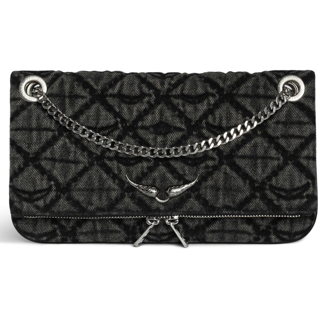 Zadig & Voltaire Rock Ii Diamond Quilted Monogram Denim Crossbody Bag In Gray