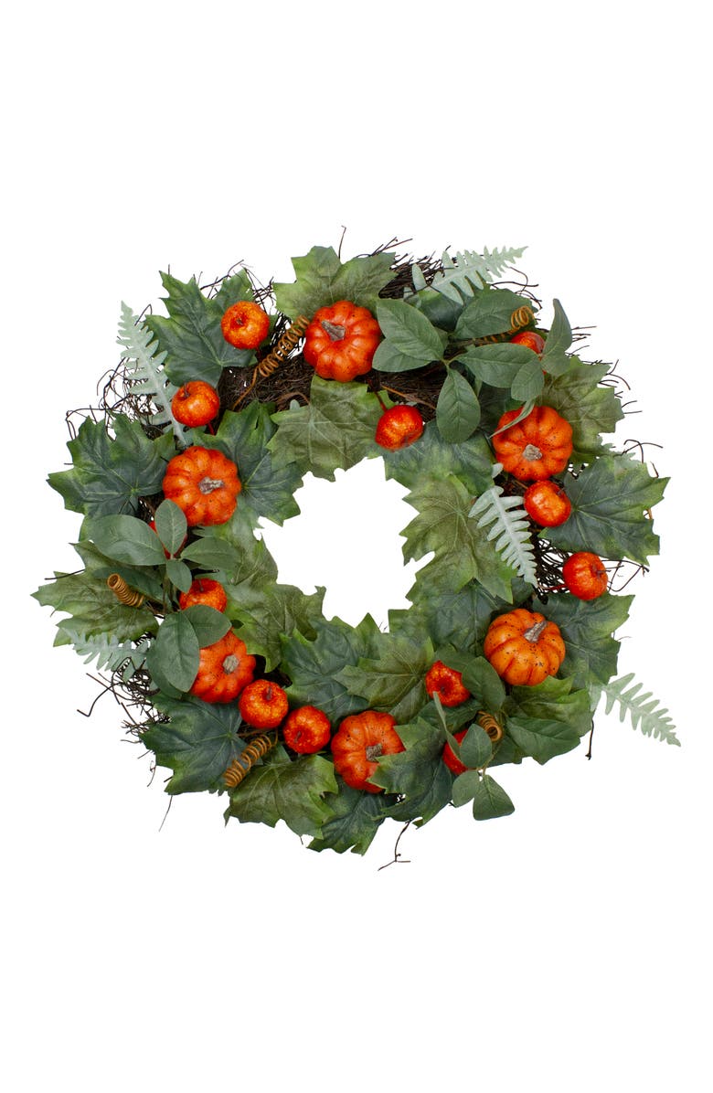 Northlight Maple and Fern Leaves with Pumpkins Artificial Wreath, Orange 24-Inch, Main, color, Orange