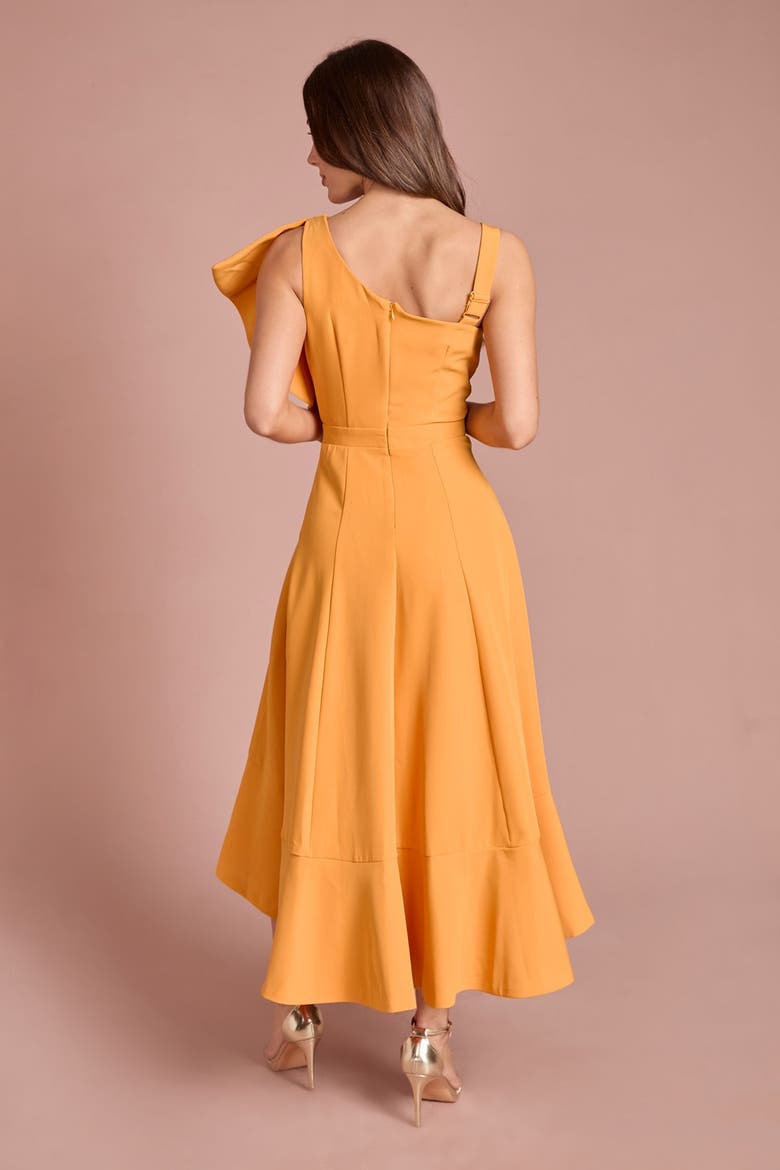 One Shoulder Crepe Ruffle Midi Dress, Alternate, color, Orange