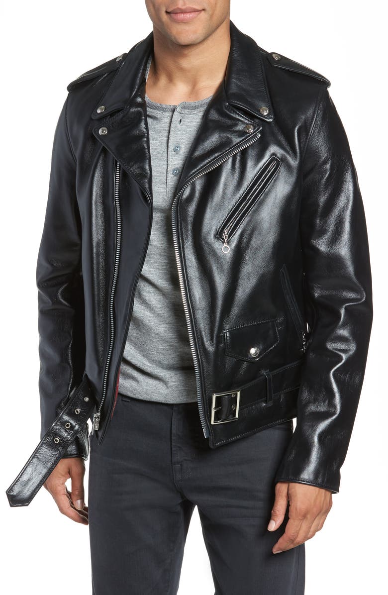 Schott NYC Waxy Cowhide Leather Motorcycle Jacket, Main, color, 