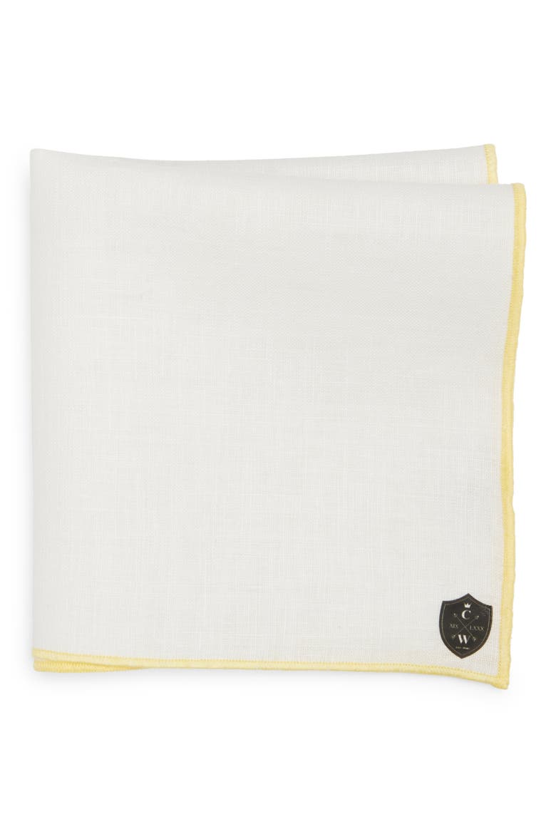 White Linen Pocket Square with Yellow Trim, Main, color, YELLOW