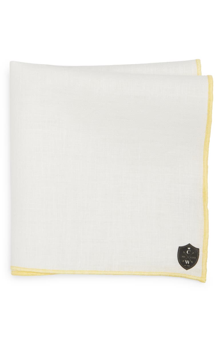 CLIFTON WILSON White Linen Pocket Square with Yellow Trim, Main, color, Yellow
