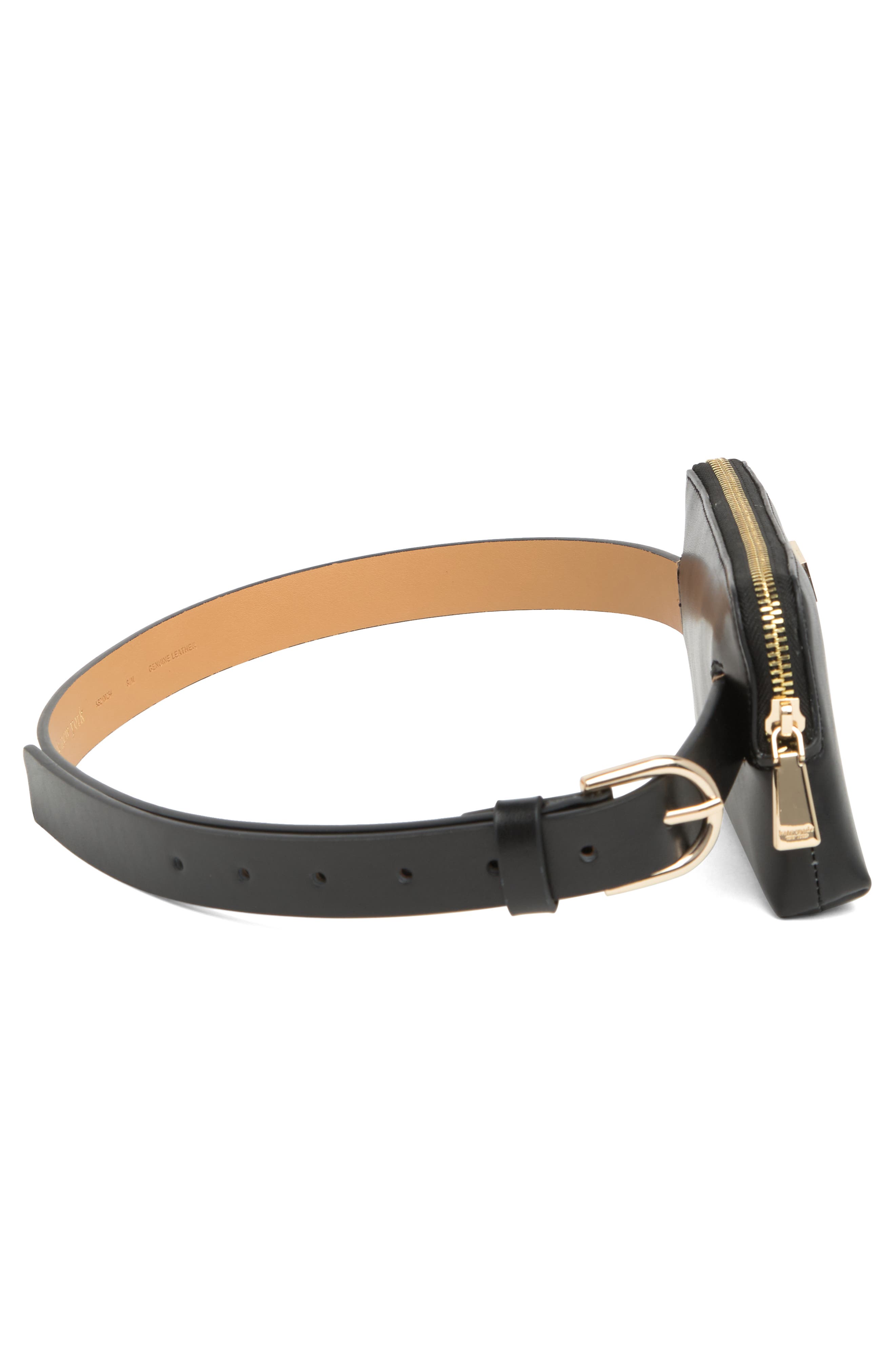zip top leather belt bag, Alternate, color, BLACK