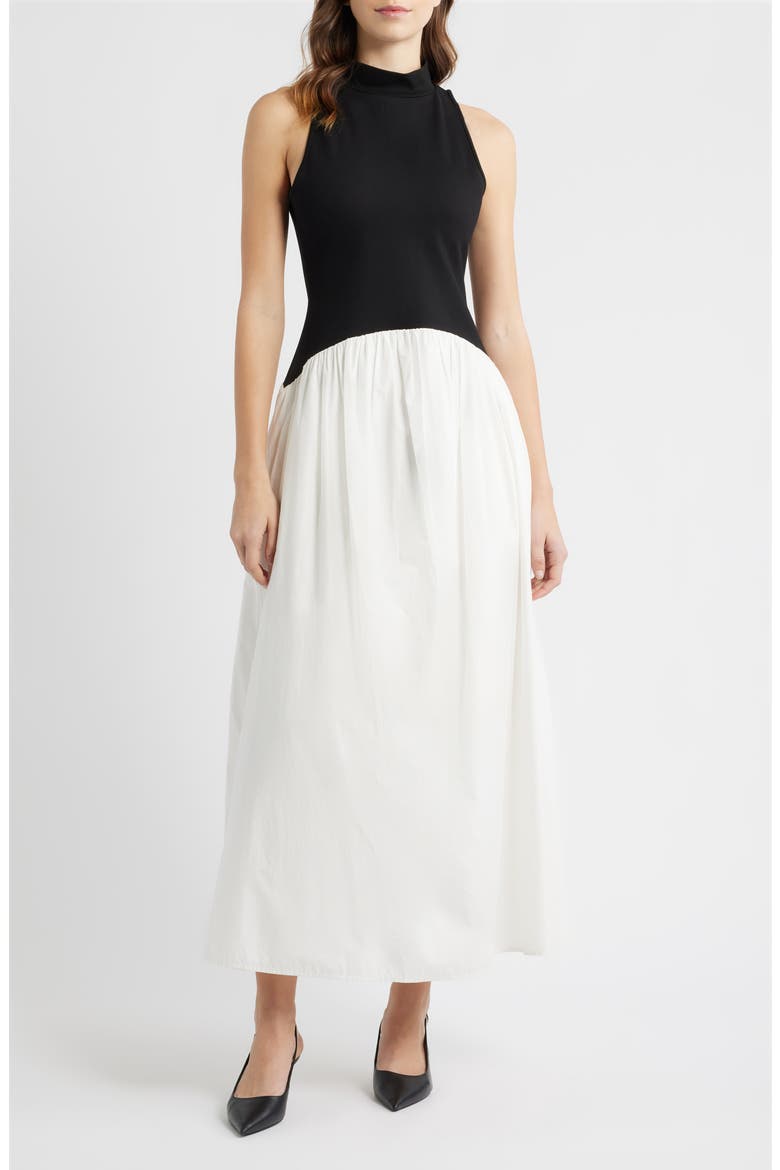 Mixed Media Ponte & Poplin Maxi Dress, Main, color, BLACK-SUMMER WHITE