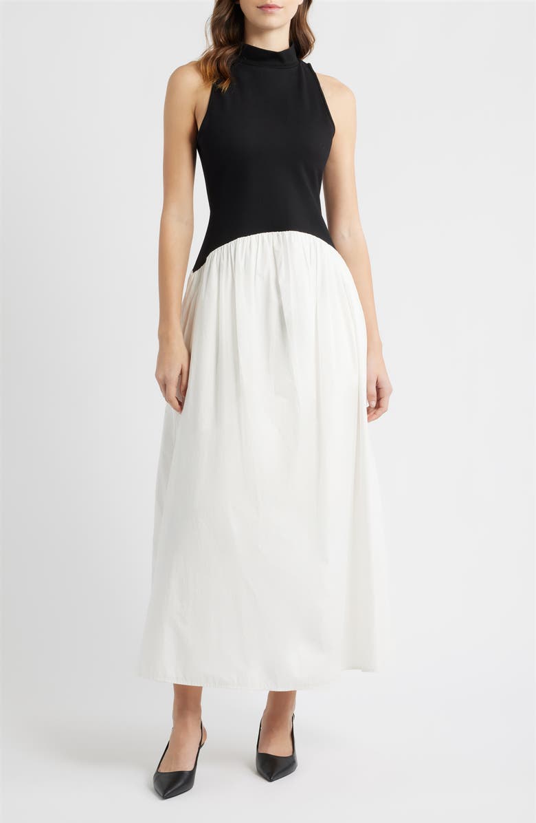 French Connection Mixed Media Ponte & Poplin Maxi Dress, Main, color, Black-Summer White