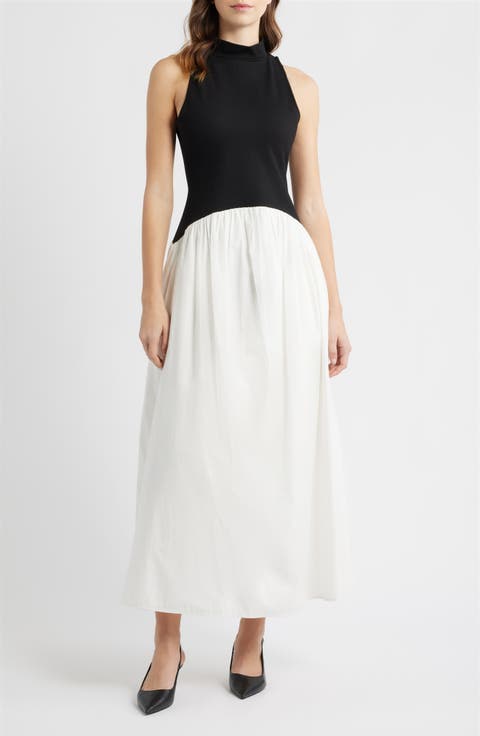 Mixed Media Ponte & Poplin Maxi Dress