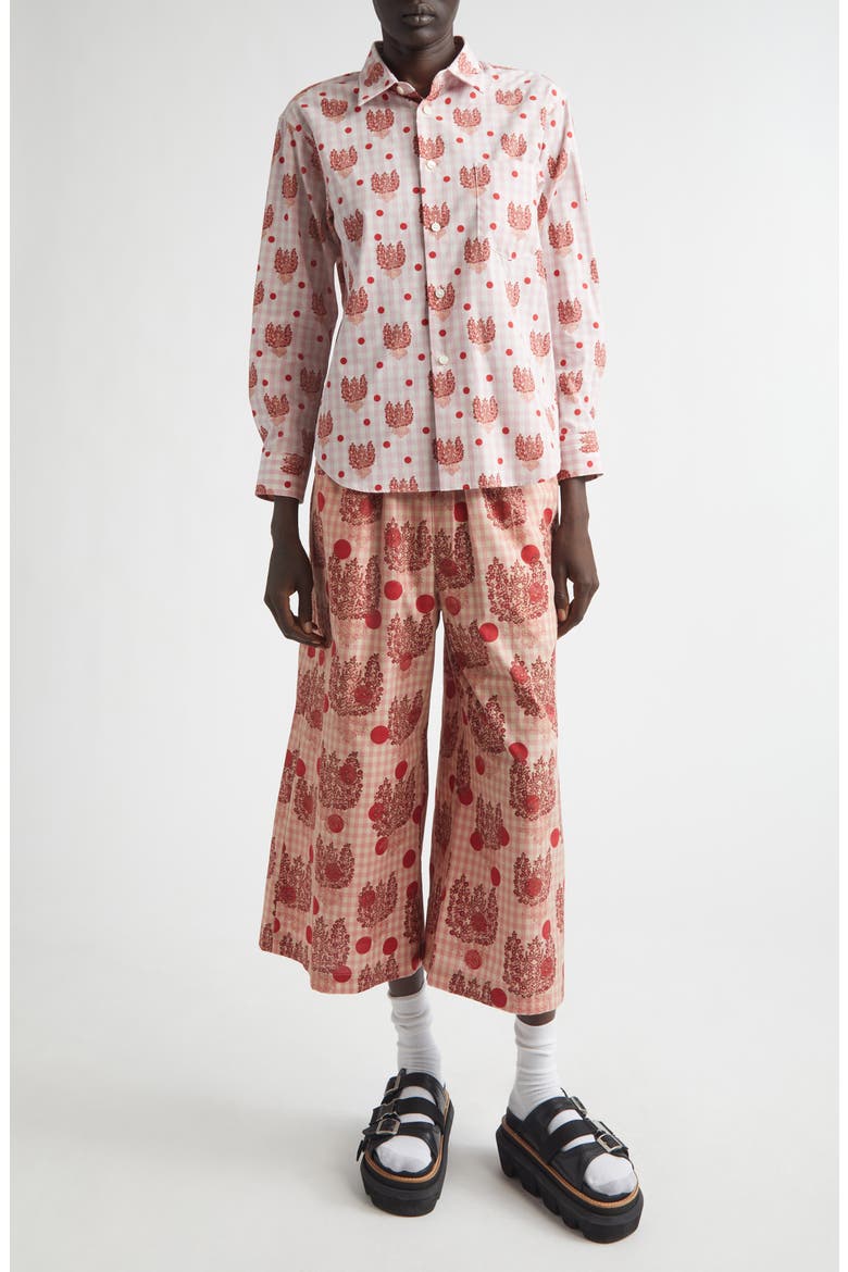 Polka Dot Floral Gingham Cotton Poplin Wide Leg Pants, Alternate, color, PINK