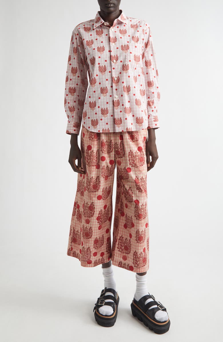 Tao Comme des Garçons Polka Dot Floral Gingham Cotton Poplin Wide Leg Pants, Alternate, color, Pink