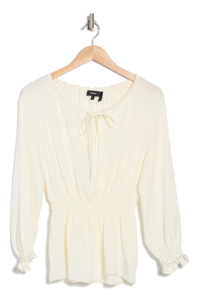 Tie Neck Smocked Silk Top, Alternate, color, IVORY