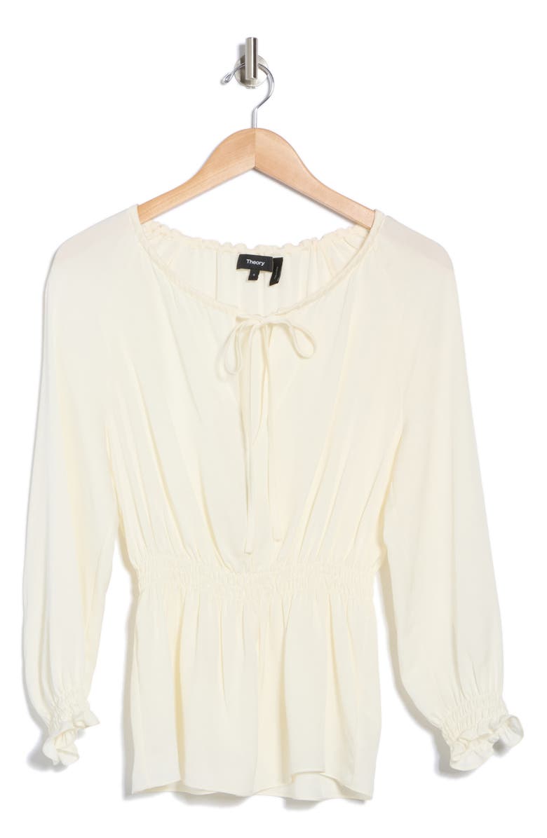 Theory Tie Neck Smocked Silk Top, Alternate, color, Ivory