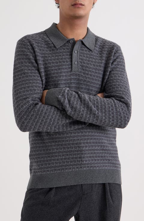 Oban Geometric Cotton Long Sleeve Polo
