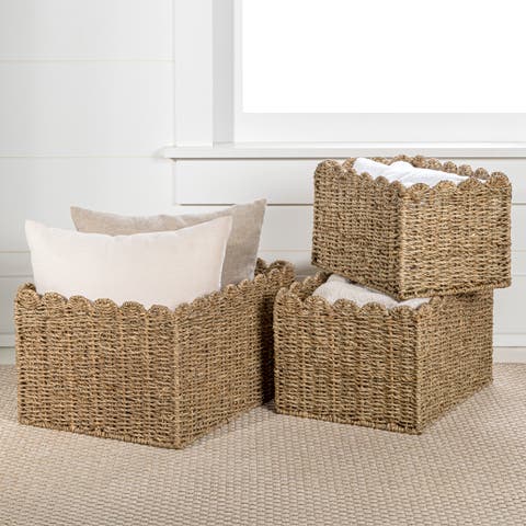 Arden Coastal Cottage Seagrass Scalloped Rectangular Organizing Storage Baskets, (Set of 3)