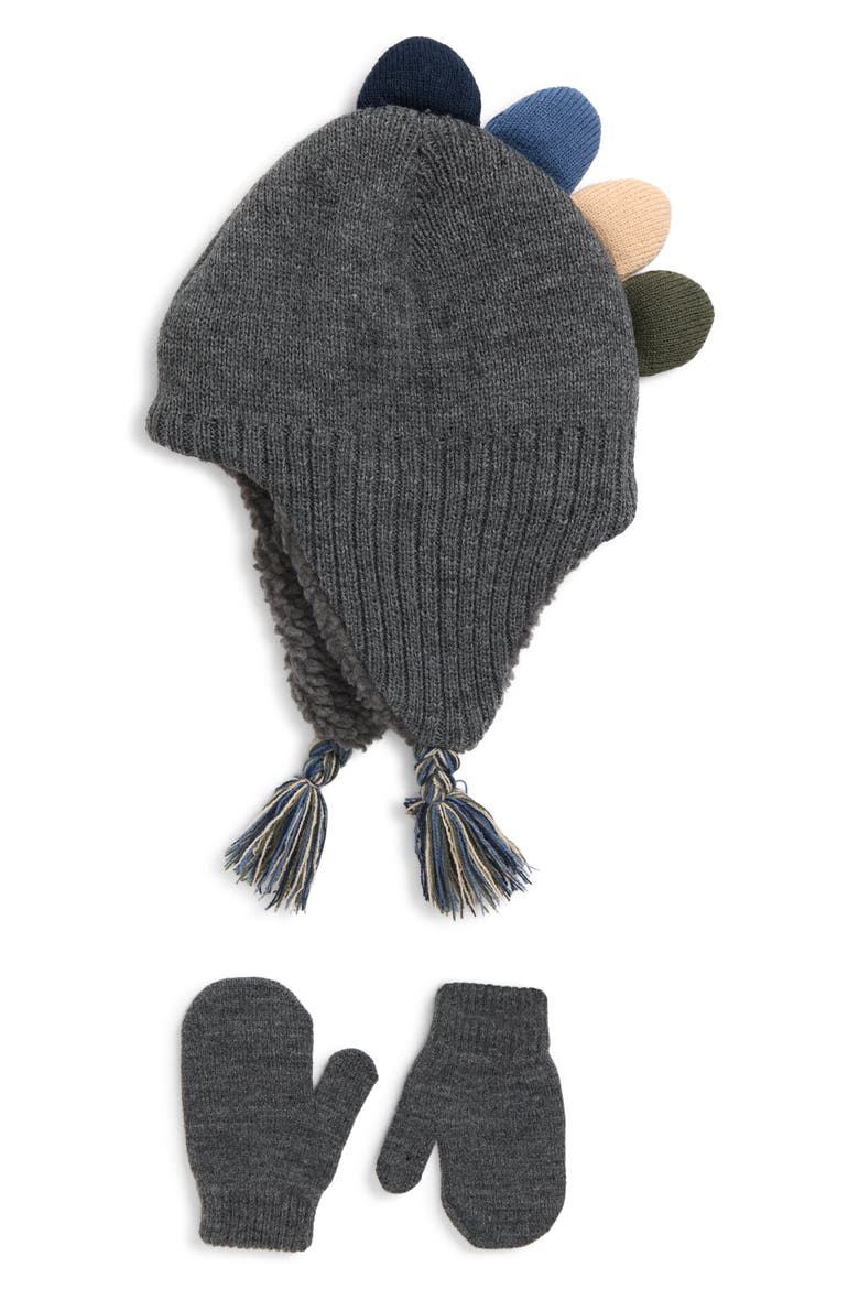 Kids' Dino Earflap Hat & Mittens Set, Main, color, GREY