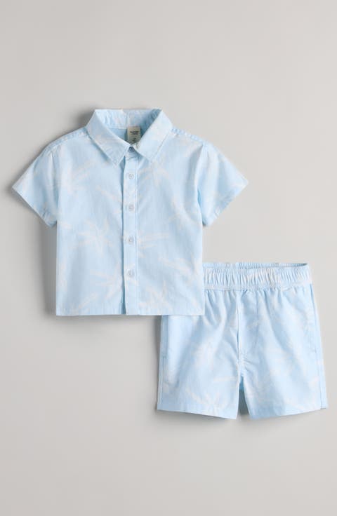 Print Short Sleeve Button-Up Shirt & Shorts Set
